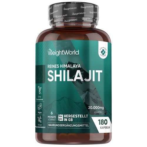 Green and brown bottle labeled "Pure Himalayan Shilajit Capsules" by WeightWorld, containing 180 capsules, with a mountain graphic and nutritional information.
