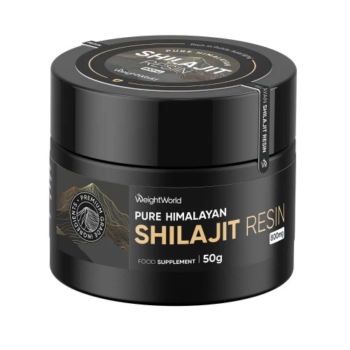 Black jar labeled "Pure Himalayan Shilajit Resin" by WeightWorld, containing 50g, with a gold and white design, indicating 62 servings and a two-month supply.