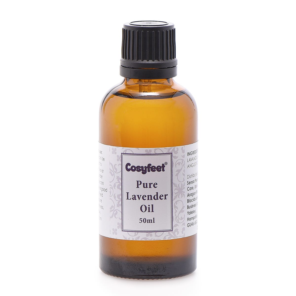 Amber glass bottle with a black screw cap, labeled "Pure Lavender Oil" by SENSA PERSONAL CARE, containing 50ml of lavender oil, featuring a white and purple design on the label.