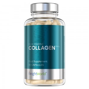 Clear plastic bottle containing beige capsules, labeled "Pure Marine Collagen" in bold white and teal text, with a silver cap and "WeightWorld" logo at the bottom.