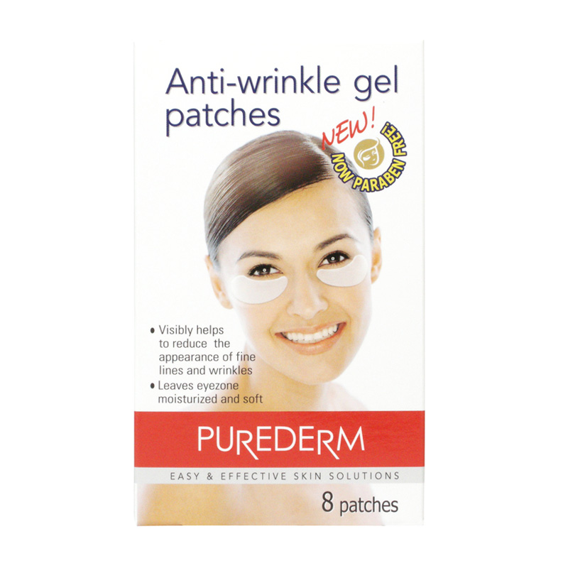 Purederm Anti Wrinkle Under Eye Gel Patches package featuring a smiling woman with gel patches under her eyes, white background, and red accents, labeled "NEW! NON PARABEN FREE."