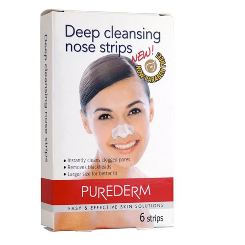 Purederm Deep Cleansing Nose Pore Strips box featuring a smiling woman with a strip on her nose, labeled "NEW! NON-PARABEN FREE," with a red and white design, containing 6 strips.