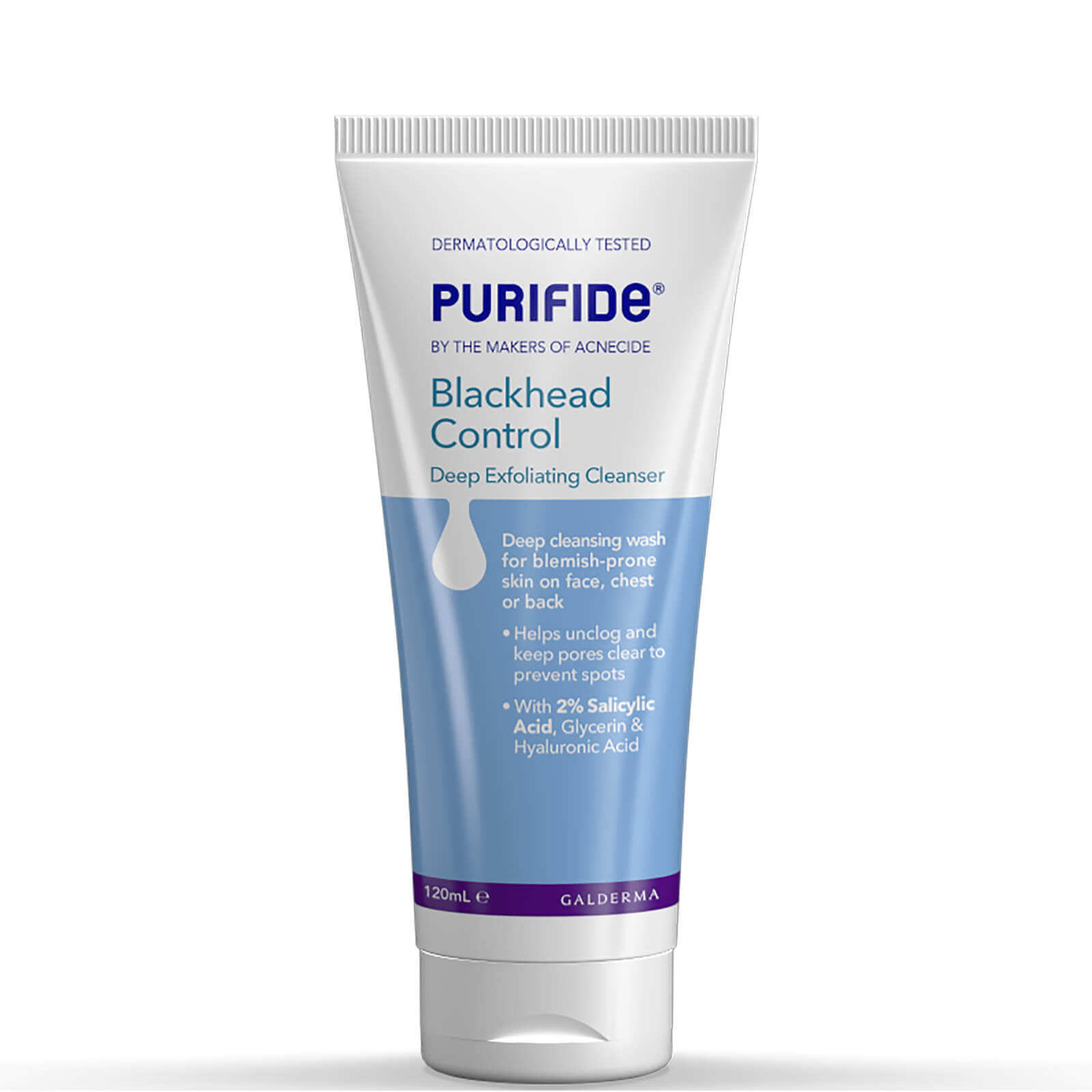 PURIFIDE Blackhead Control Deep Exfoliating Cleanser in a 120ml white tube with blue accents, featuring key ingredients like 2% Salicylic Acid, Glycolic Acid, and Hyaluronic Acid.