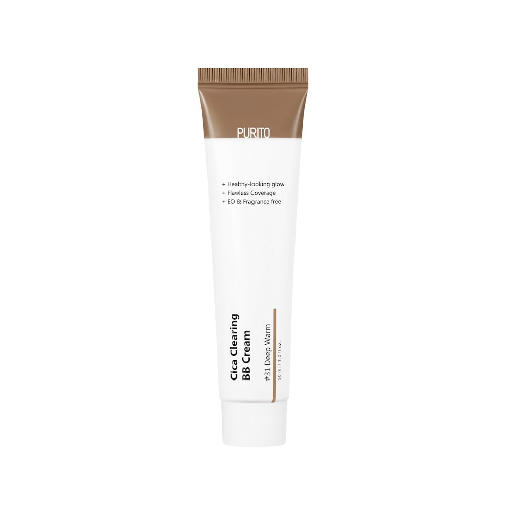 PURITO Cica Clearing BB Cream in a 30ml tube, featuring a sleek white design with a brown cap, labeled "#31 Deep Warm," emphasizing healthy glow and flawless coverage.