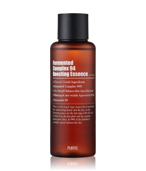 Brown glass bottle with a black cap, labeled "Fermented Complex 94 Boosting Essence" by Purito, featuring details about its ingredients and benefits.