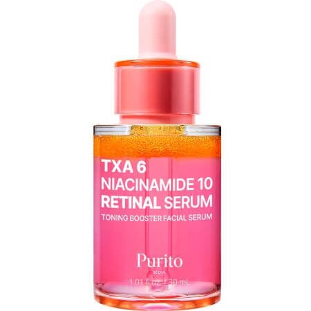 Purito TXA 6 Niacinamide 10 Retinal Serum in a clear glass bottle with a pink dropper, featuring a vibrant pink and orange liquid inside, labeled with product details.