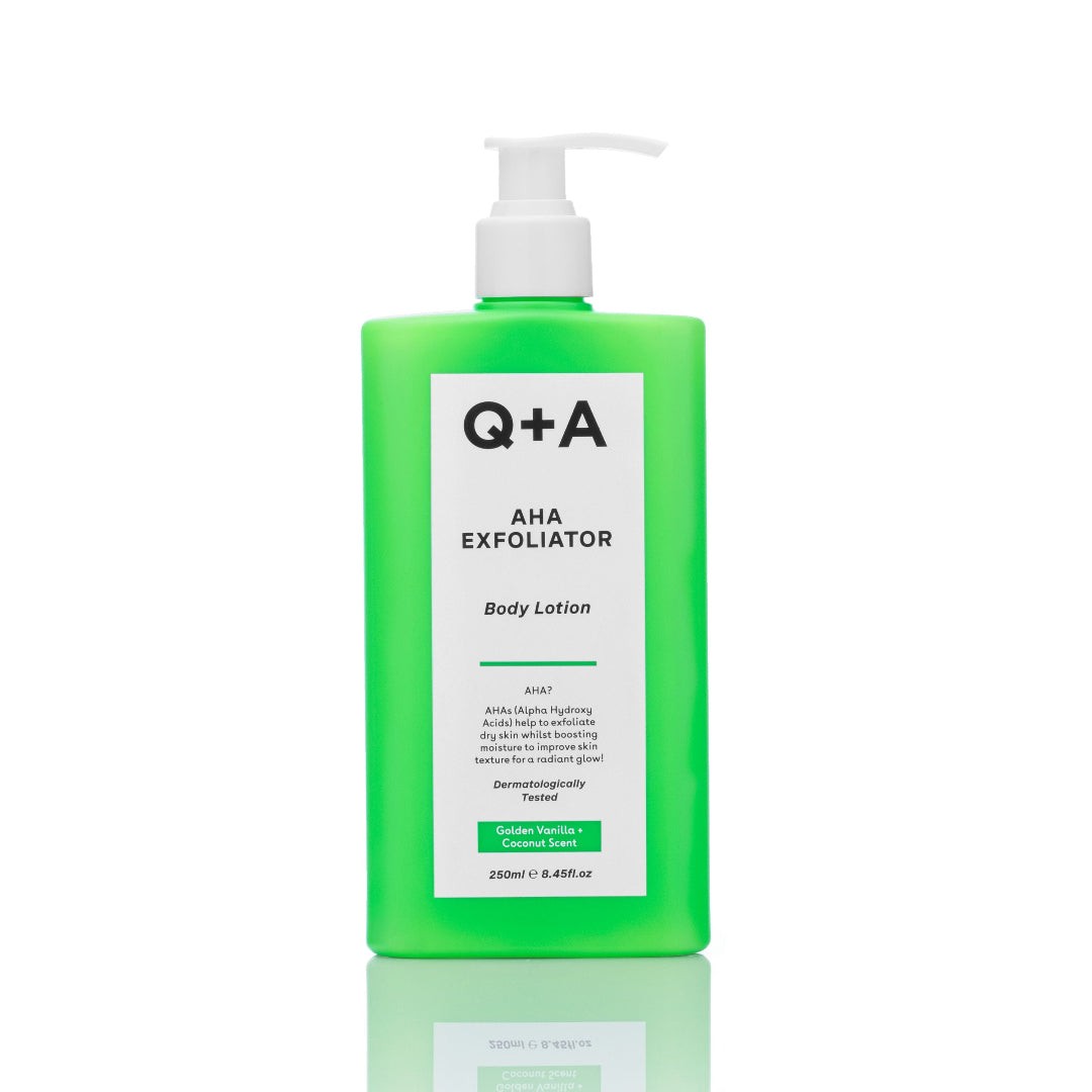 Bright green plastic bottle with a white pump dispenser, labeled "Q+A AHA Exfoliator Body Lotion," featuring key ingredients like Lactic and Glycolic Acid, 250ml size.