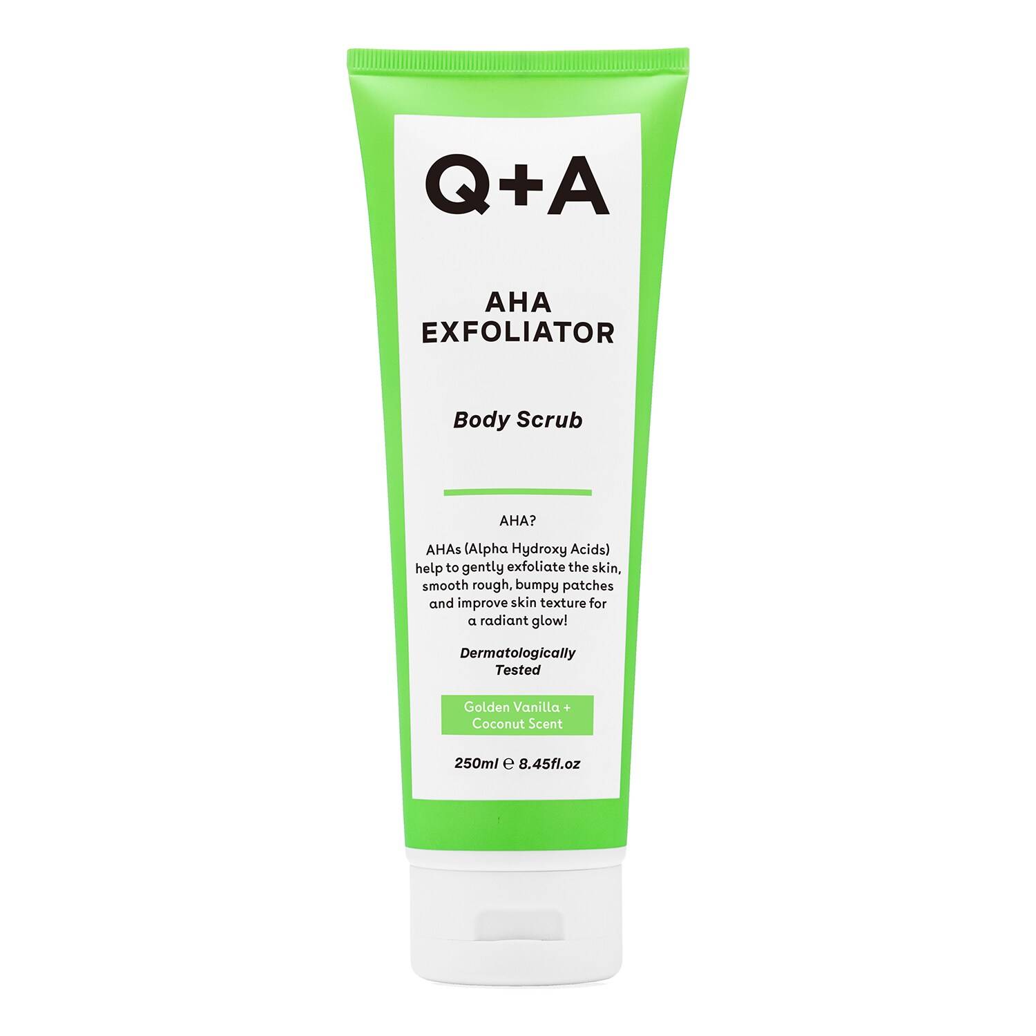 Green tube of Q+A AHA Exfoliator Body Scrub, 250ml, featuring a white label with product name and description, scented with golden vanilla and coconut, dermatologically tested.