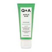 Green tube of Q+A Apple AHA Exfoliating Gel (75ml) with white text, featuring lactic and glycolic acid for skincare, designed to improve skin texture and hydration.