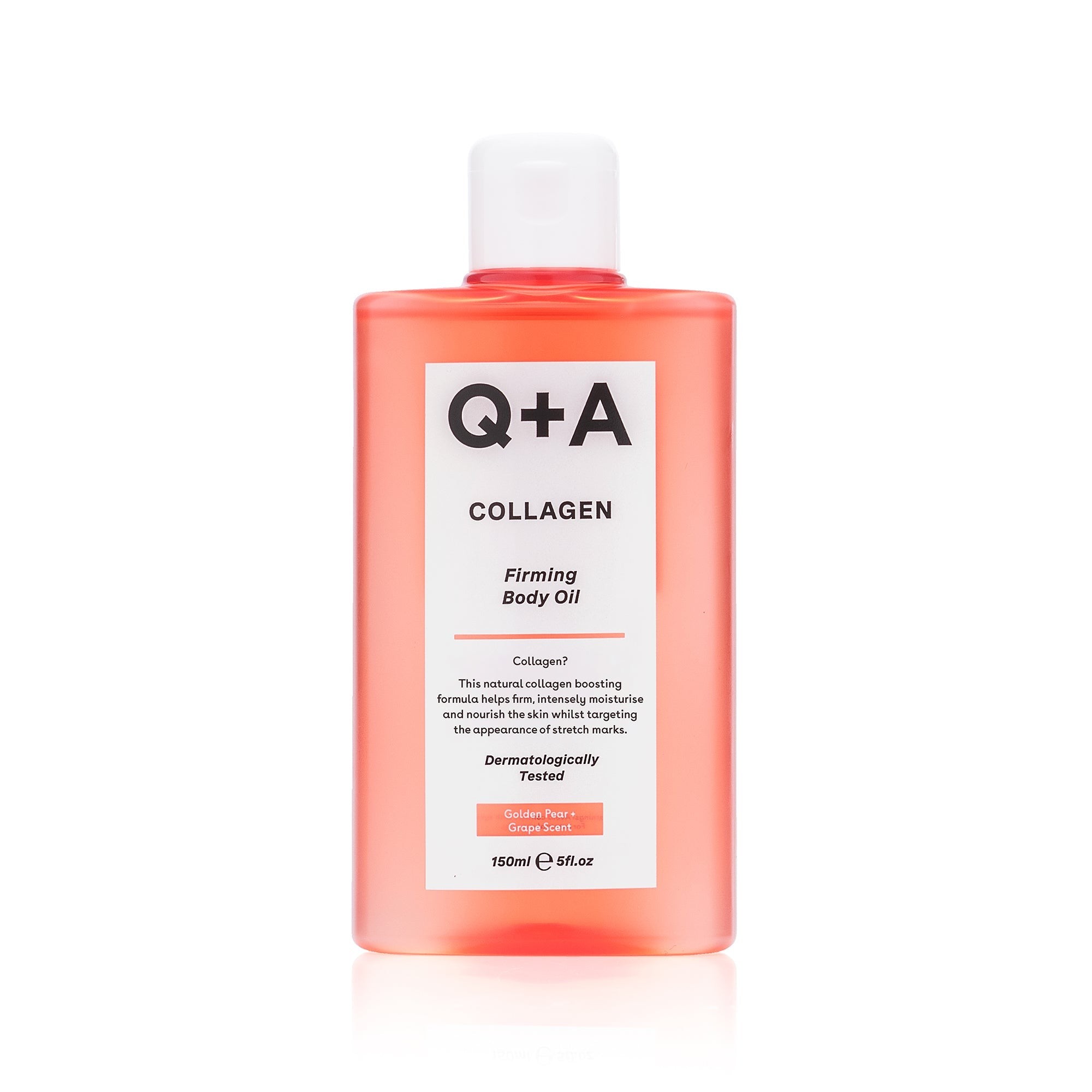 Q+A Collagen Body Oil in a clear, pink bottle with a white label; features a flip-top cap and text highlighting its firming properties, 150ml size.
