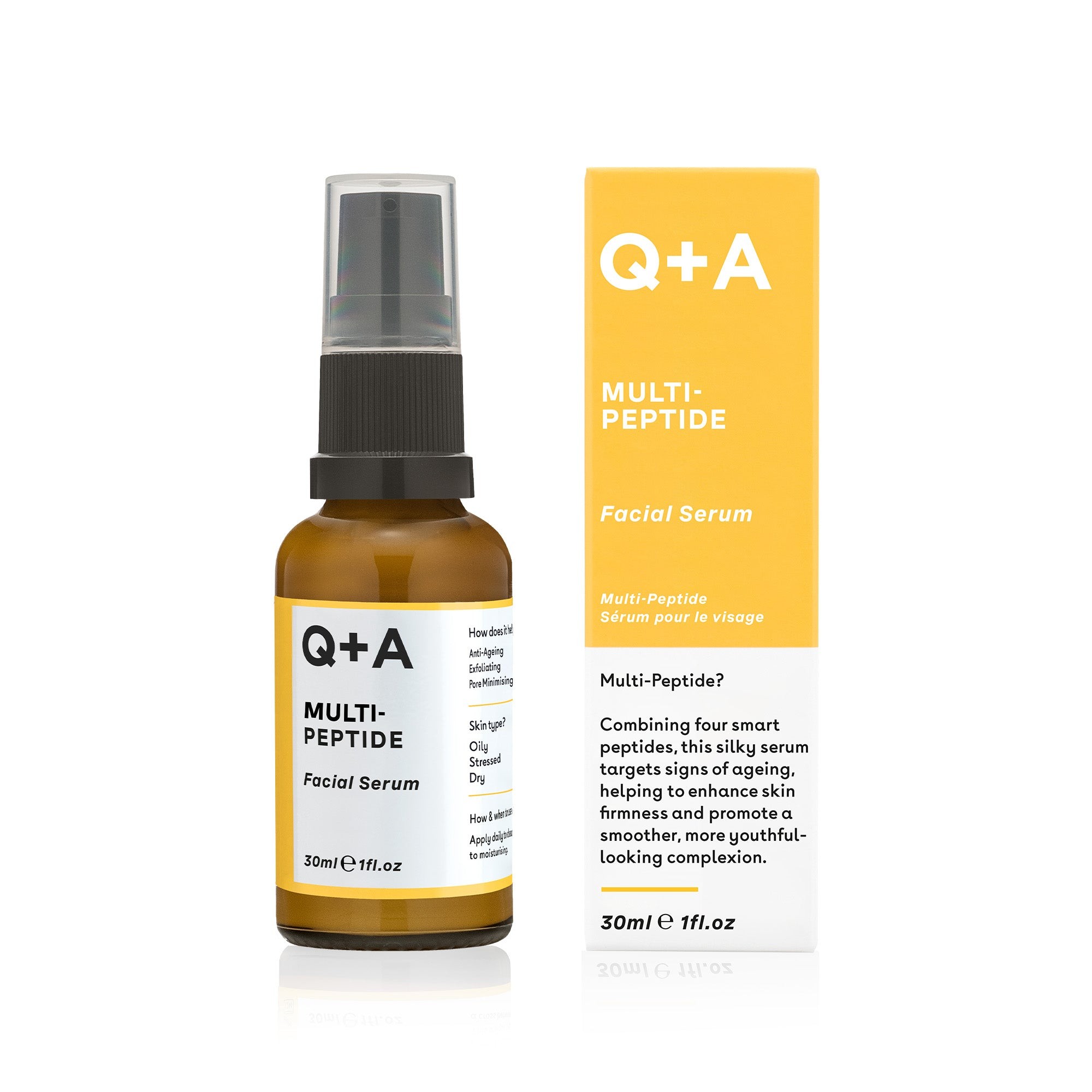 Brown glass bottle with a black pump top, labeled "Q+A Multi-Peptide Facial Serum," alongside a white and yellow box, both featuring sleek, modern design elements.