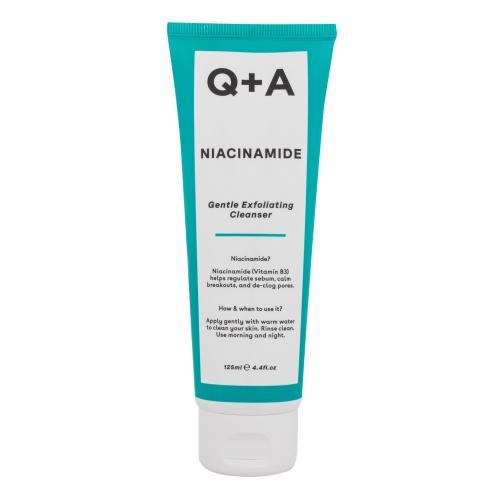 Turquoise tube of Q+A Niacinamide Exfoliating Cleanser, 125ml, featuring a white label with black text, designed to calm oily and blemish-prone skin.