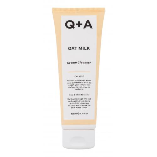 Q+A Oatmilk Cream Cleanser in a 125ml tube, featuring a soft peach-colored packaging with black text, designed to remove makeup and suitable for all skin types.