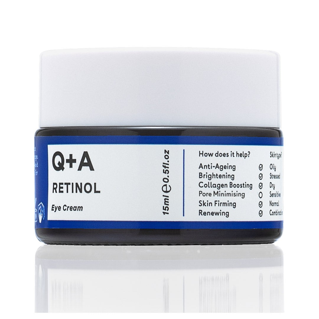 Q+A Retinol Eye Cream in a blue and white jar, featuring a white lid, 15ml capacity, and key benefits listed on the side, including anti-ageing and skin firming.