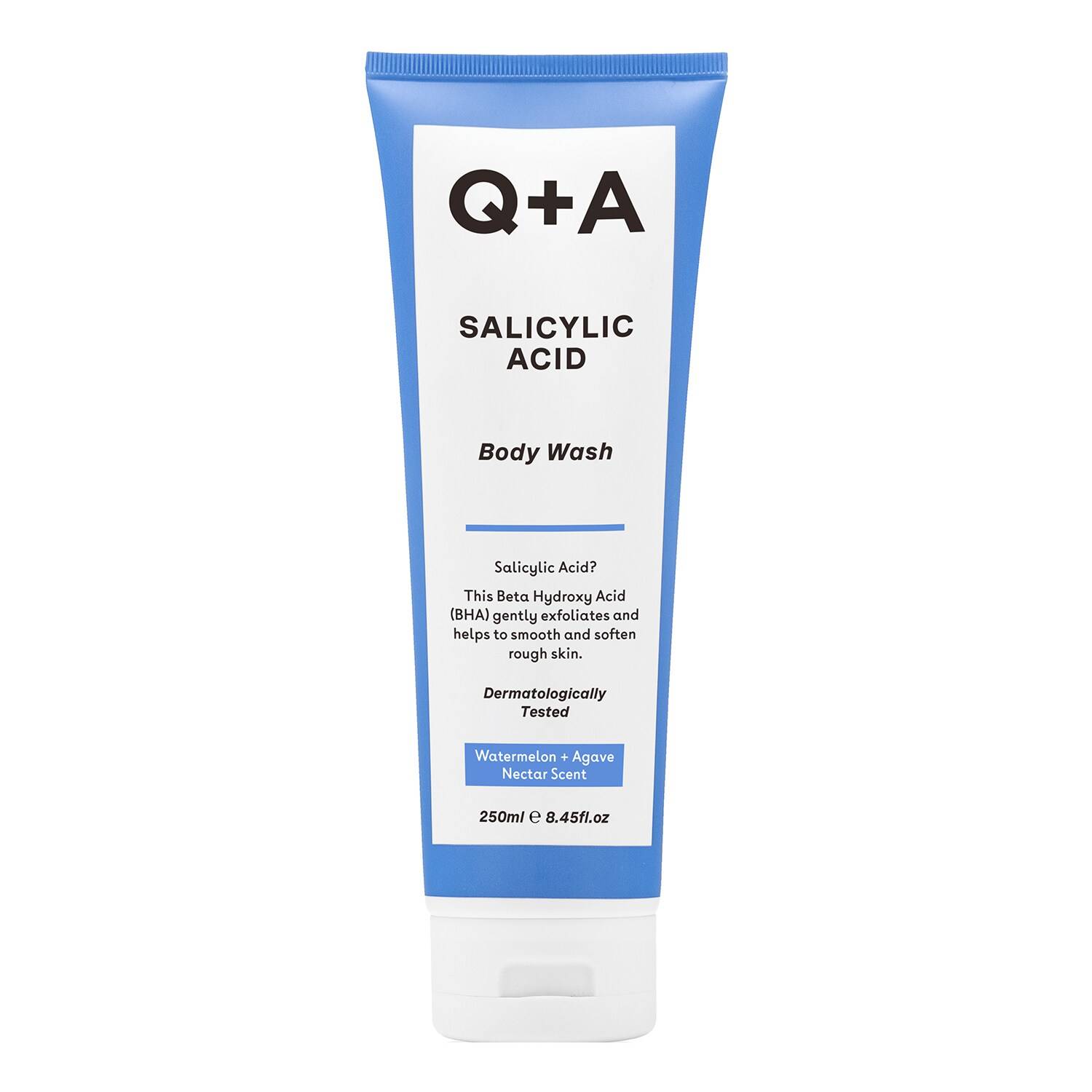 Q+A Salicylic Acid Body Wash in a blue and white tube, 250ml, featuring a watermelon and agave nectar scent, with key details highlighting its exfoliating properties.