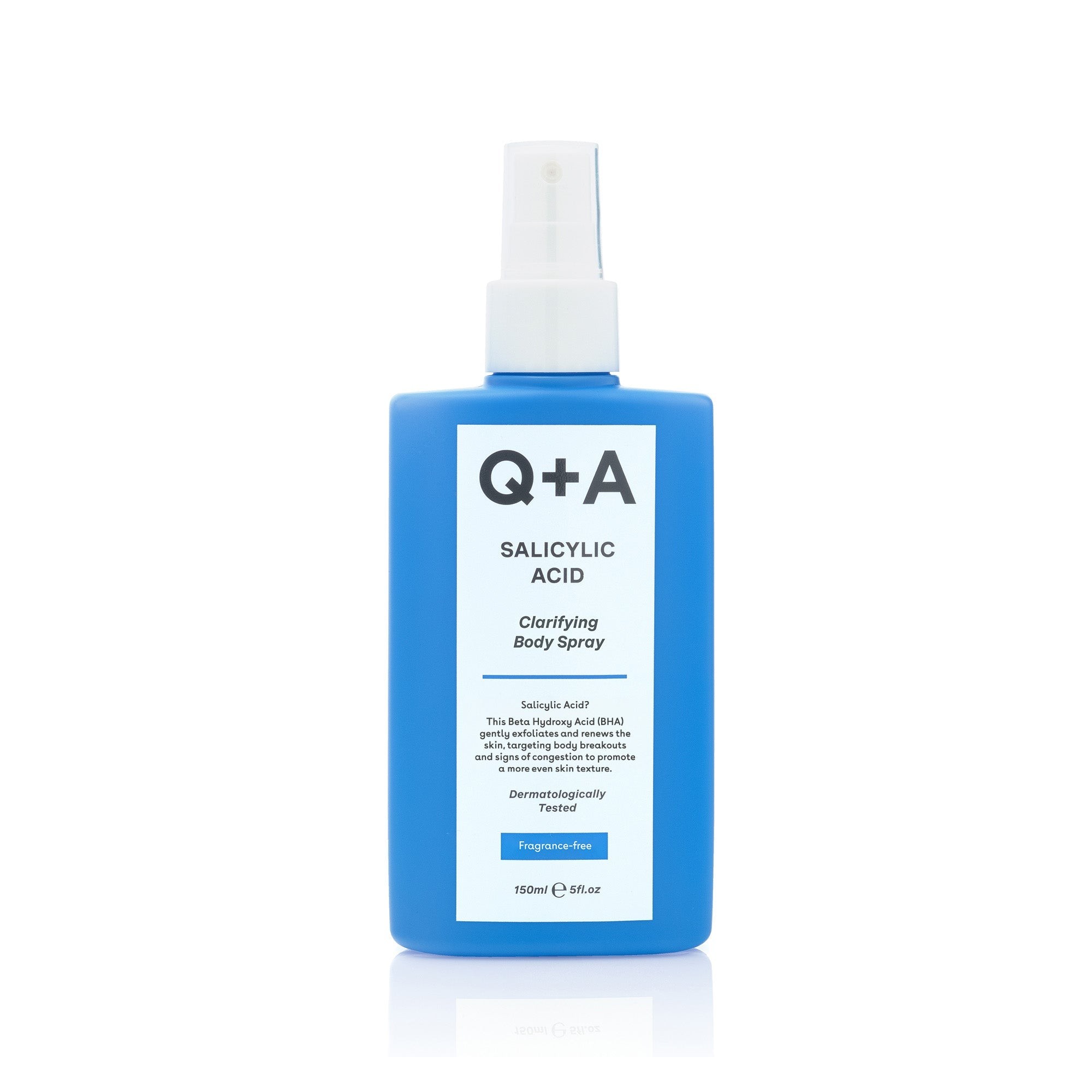 Bright blue spray bottle with a white label, featuring the text "Q+A Salicylic Acid Clarifying Body Spray," 150ml, and a clear spray nozzle on top.