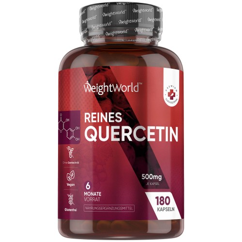 WeightWorld Quercetin Supplement bottle featuring a dark red label, clear plastic container, and 180 capsules, each containing 500mg of quercetin, marked vegan and gluten-free.