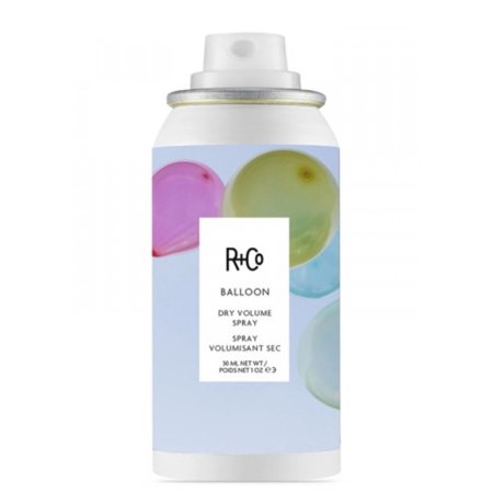R+Co Balloon Dry Volume Spray in a travel-size 1 fl oz can, featuring a light blue background with colorful balloon graphics and a silver cap.