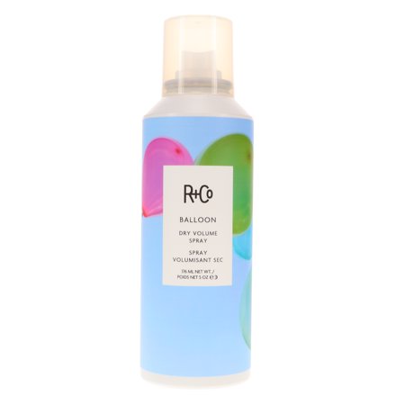 R+Co Balloon Dry Volume Spray in a 176ml can features a light blue background with colorful balloon graphics and a white label detailing its long-lasting hold and silica content.