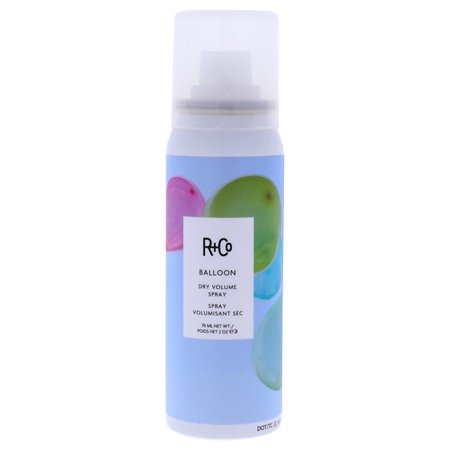 R+Co Balloon Dry Volume Spray in a 70ml can features a light blue background with colorful balloon graphics and a white label detailing the product name and features.