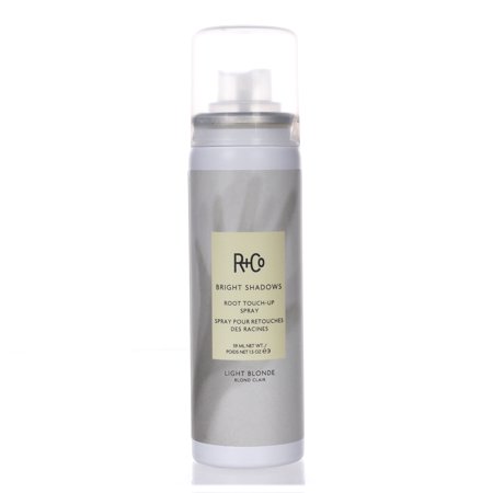 R+Co BRIGHT SHADOWS Root Touch-up Spray in a sleek silver canister with a clear cap, labeled "Light Blonde," designed for quick root touch-ups.