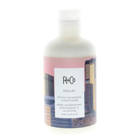R+Co Dallas Thickening Conditioner in a 241ml bottle features a sleek design with a city skyline illustration, highlighting Pro Vitamin B5 and Biotin for hair thickening.