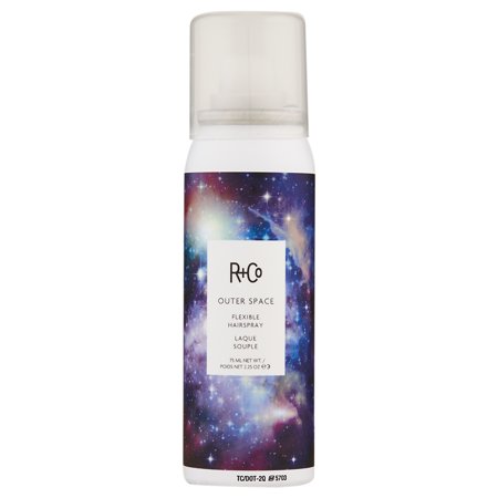 R+Co Outer Space Flexible Hairspray in a 2.25 oz spray can featuring a vibrant galaxy design with purple, blue, and black hues, topped with a white cap.