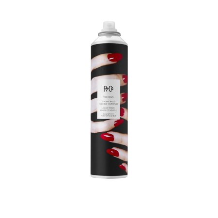 Black aerosol can featuring a bold design with a hand holding the can, red nails, and a white label displaying "R+Co Vicious Strong Hold Flexible Hairspray 9.5 Oz."