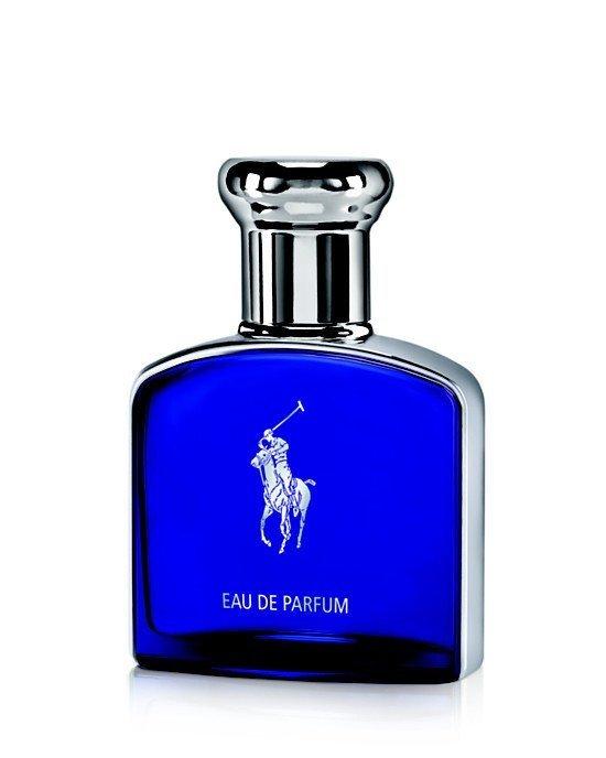 Deep blue glass bottle with a silver cap, featuring a white polo player logo and "EAU DE PARFUM" label, representing Ralph Lauren Polo Blue EDP for men, 125 ml.