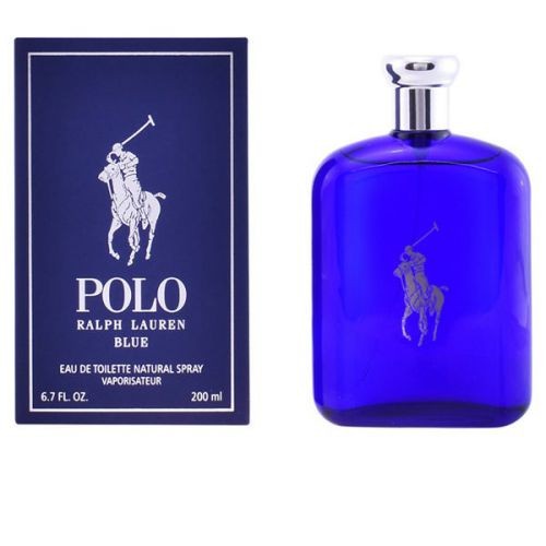 Deep blue glass bottle with a silver cap, featuring a silver polo player logo, alongside a matching blue box with white text, labeled "Polo Ralph Lauren Blue 200ml EDT Spray."