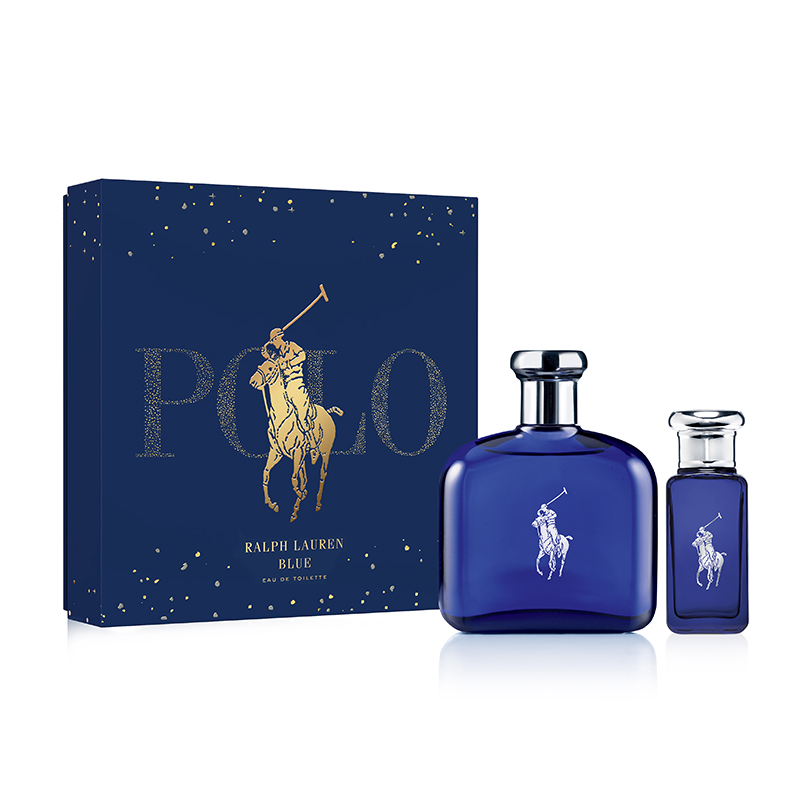 Ralph Lauren Polo Blue gift set featuring a 125ml dark blue glass bottle and a 30ml matching bottle, presented in a navy box with gold lettering and a polo player graphic.