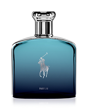 Ralph Lauren Polo Deep Blue 4.2 Oz Parfum Spray for Men features a sleek glass bottle with a gradient blue color and a silver cap, adorned with a polo player logo.