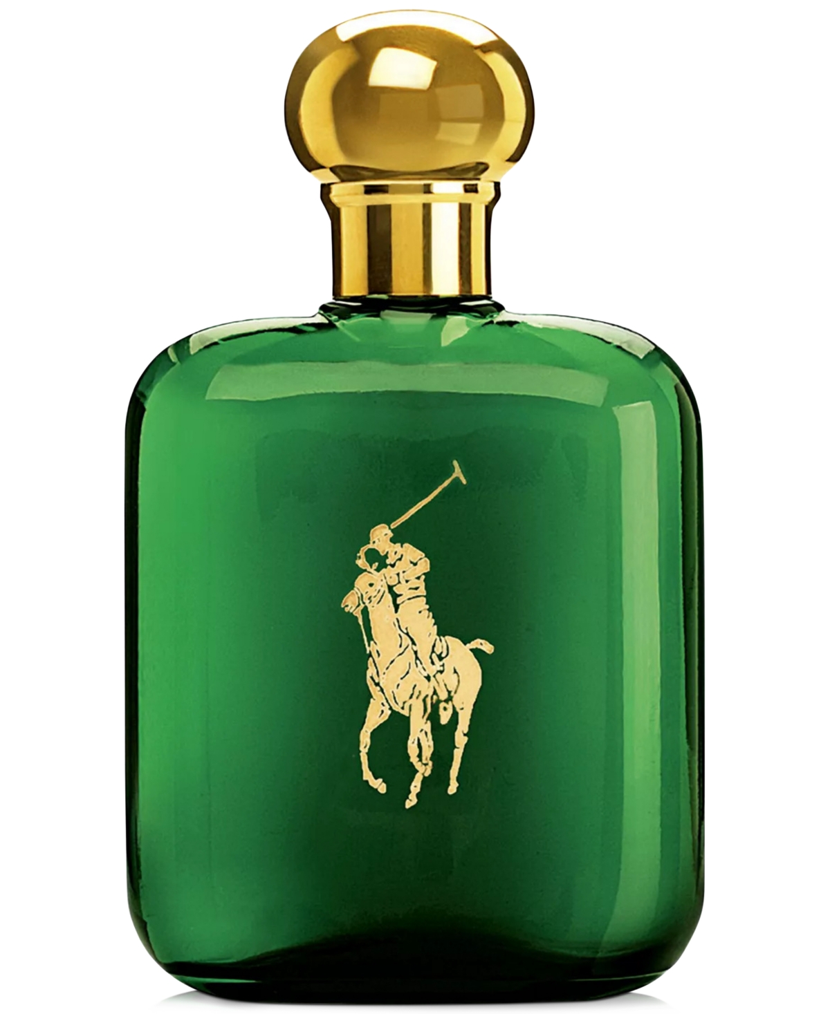 Green glass bottle with a gold cap, featuring a gold polo player logo on the front, containing Ralph Lauren Men's Polo Eau De Toilette Spray, 6.7 oz.