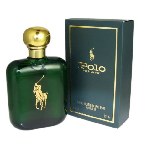 Green glass bottle with a gold cap, featuring a gold polo player logo, alongside a black and gold box labeled "Polo Ralph Lauren Eau De Toilette" in 8 oz size.