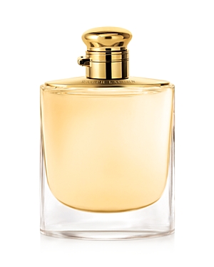Clear glass bottle with a rounded shape, featuring a gold cap and a light amber liquid inside, labeled "Ralph Lauren Woman Eau De Parfum" in elegant font.