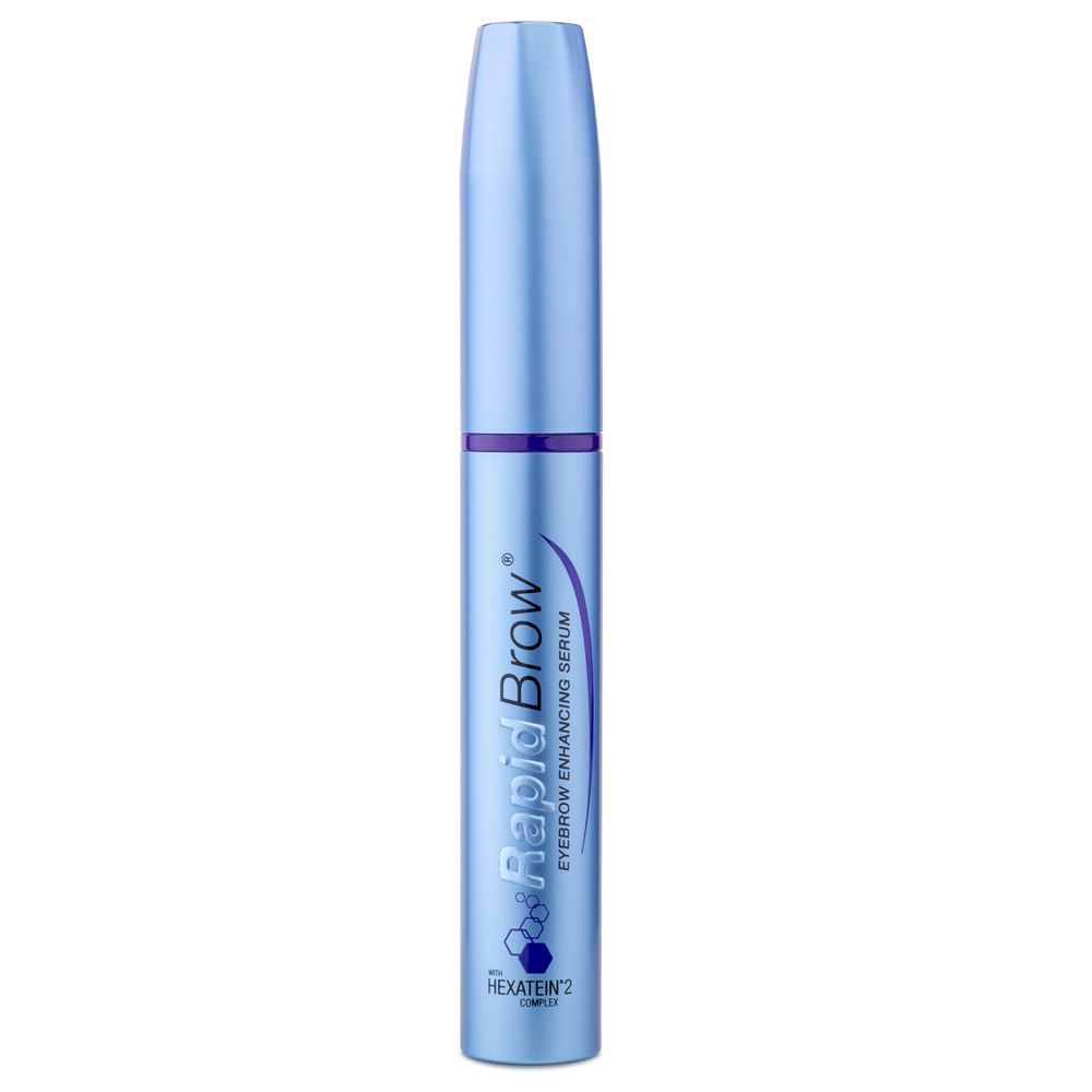 Light blue tube with a sleek design, labeled "RapidBrow Eyebrow Enhancing Serum 3ml" in purple text, featuring a tapered cap and a glossy finish.