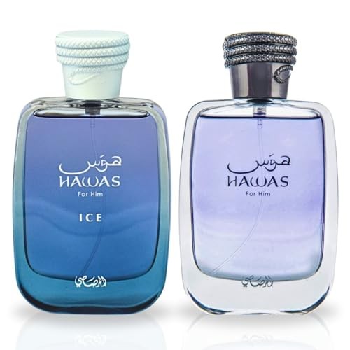 Two elegant bottles of Rasasi Hawas Diva Eau De Parfum, featuring a gradient blue design with a silver cap, showcasing the Arabic script and brand name prominently on the front.