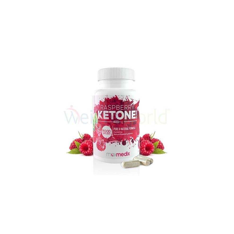 White bottle labeled "Raspberry Ketone" with pink accents, containing 180 capsules, surrounded by fresh raspberries, highlighting its vegan and keto-friendly features.