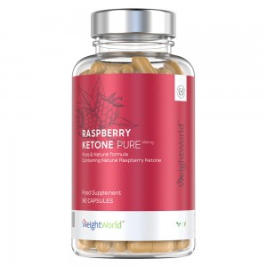 Clear plastic bottle with a silver lid containing beige capsules, labeled "Raspberry Ketone Pure - 1200mg" in red and white, featuring a raspberry graphic and "WeightWorld" branding.