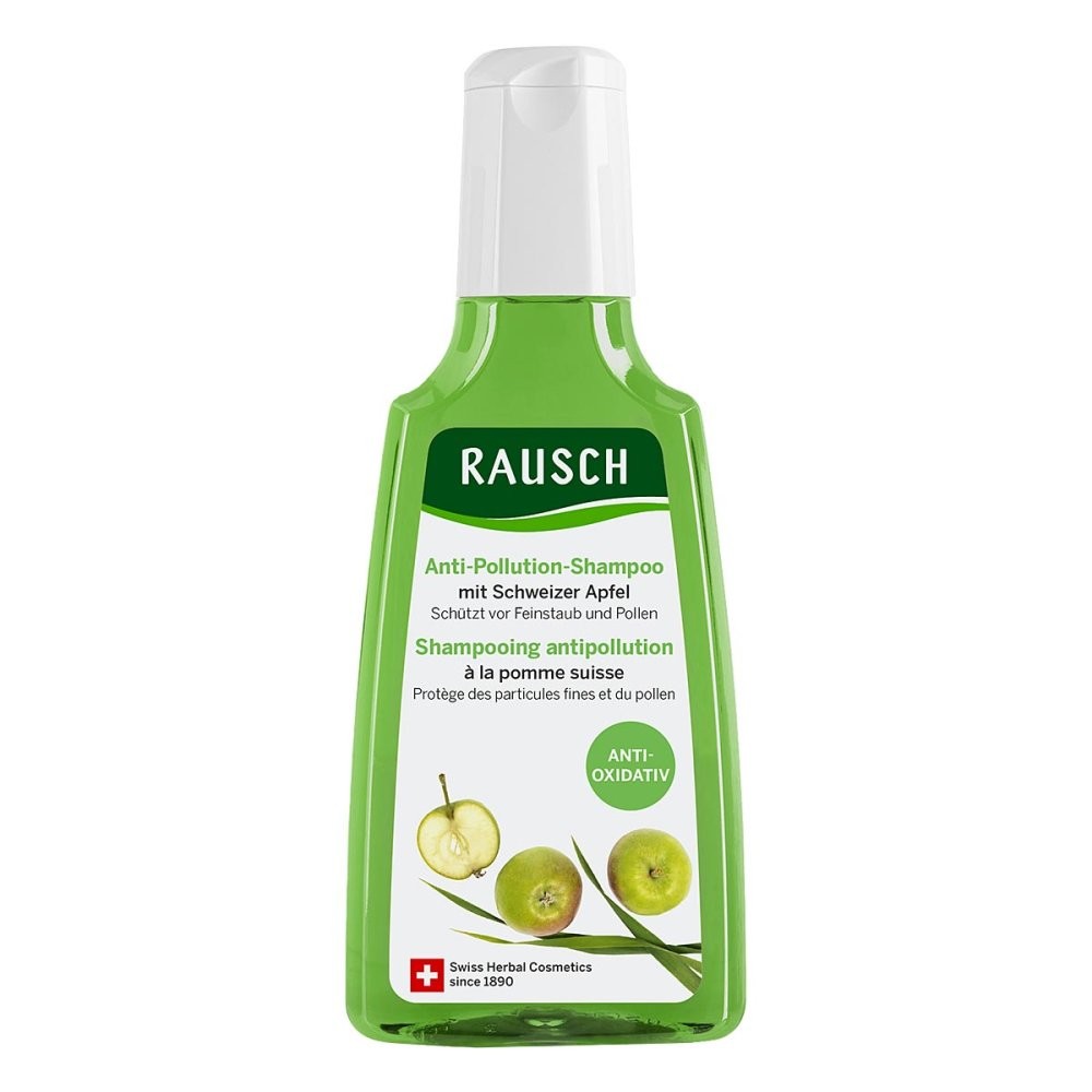 Green bottle of RAUSCH Anti-Pollution Shampoo featuring Swiss apple, with a white cap and label detailing its anti-oxidative properties and protection against fine particles and pollen.