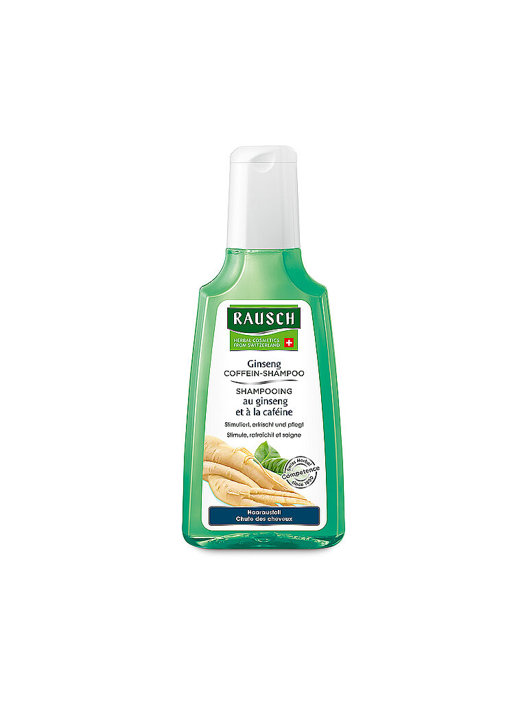 Green plastic bottle of Rausch Ginseng Caffeine Shampoo for hair loss, featuring a white cap and label with text in multiple languages, highlighting key ingredients and benefits.