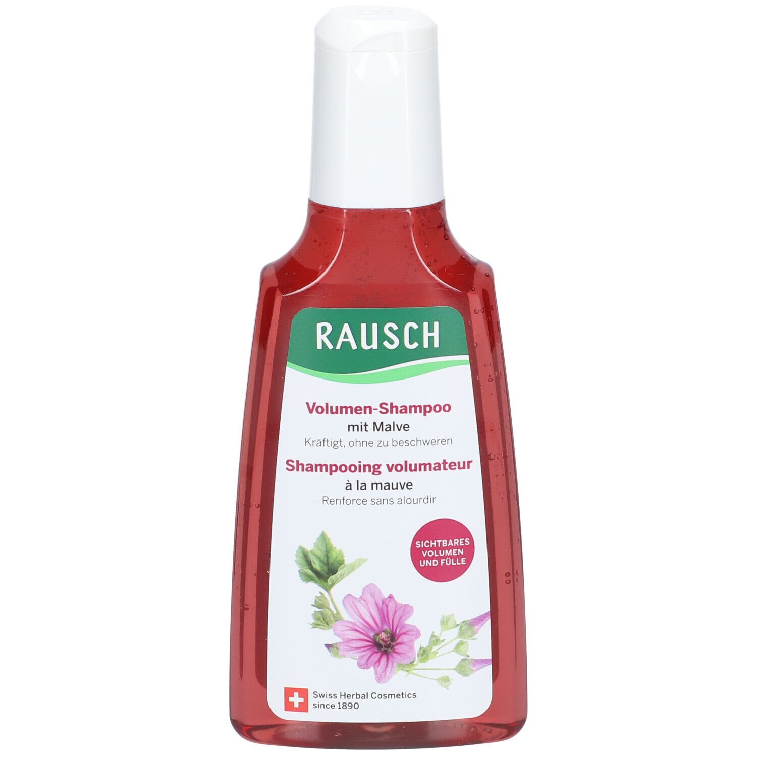 Rausch Volumen-Shampoo mit Malve in a transparent red bottle features a white cap and a pink mallow flower illustration, highlighting its herbal and volumizing properties.