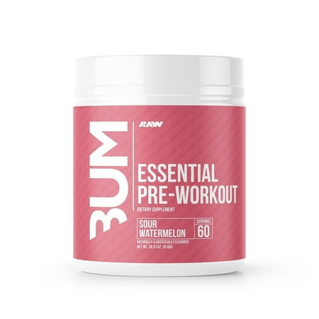 White container with a pink label featuring "Raw Nutrition" and "Essentials Creatine Monohydrate" text, unflavored, 18 oz (510 g), dietary supplement, simple design.