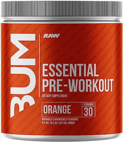 Bright orange container with a silver lid, labeled "RAW NUTRITION Essential Pre-Workout," indicating 30 servings and featuring bold white text.