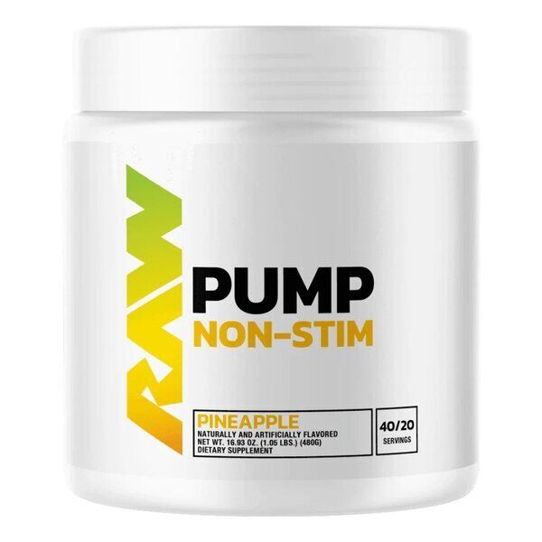 White container with a screw-top lid, labeled "RAW PUMP NON-STIM" in bold black and yellow text, featuring "PINEAPPLE" flavor and details about servings and dietary supplement.