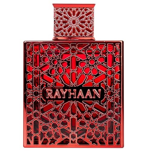 Crimson glass perfume bottle with intricate geometric cutouts, featuring the name "RAYHAAN" prominently displayed on the front, size 100ml.