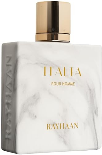 White marble-textured bottle with gold accents, featuring "ITALIA POUR HOMME" and "RAYHAAN" embossed in elegant lettering, containing 3.4 ounces of long-lasting men's eau de parfum.