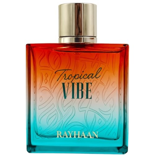 Square glass bottle with an ombre design transitioning from orange to blue, featuring gold accents and the text "Tropical VIBE" prominently displayed on the front.