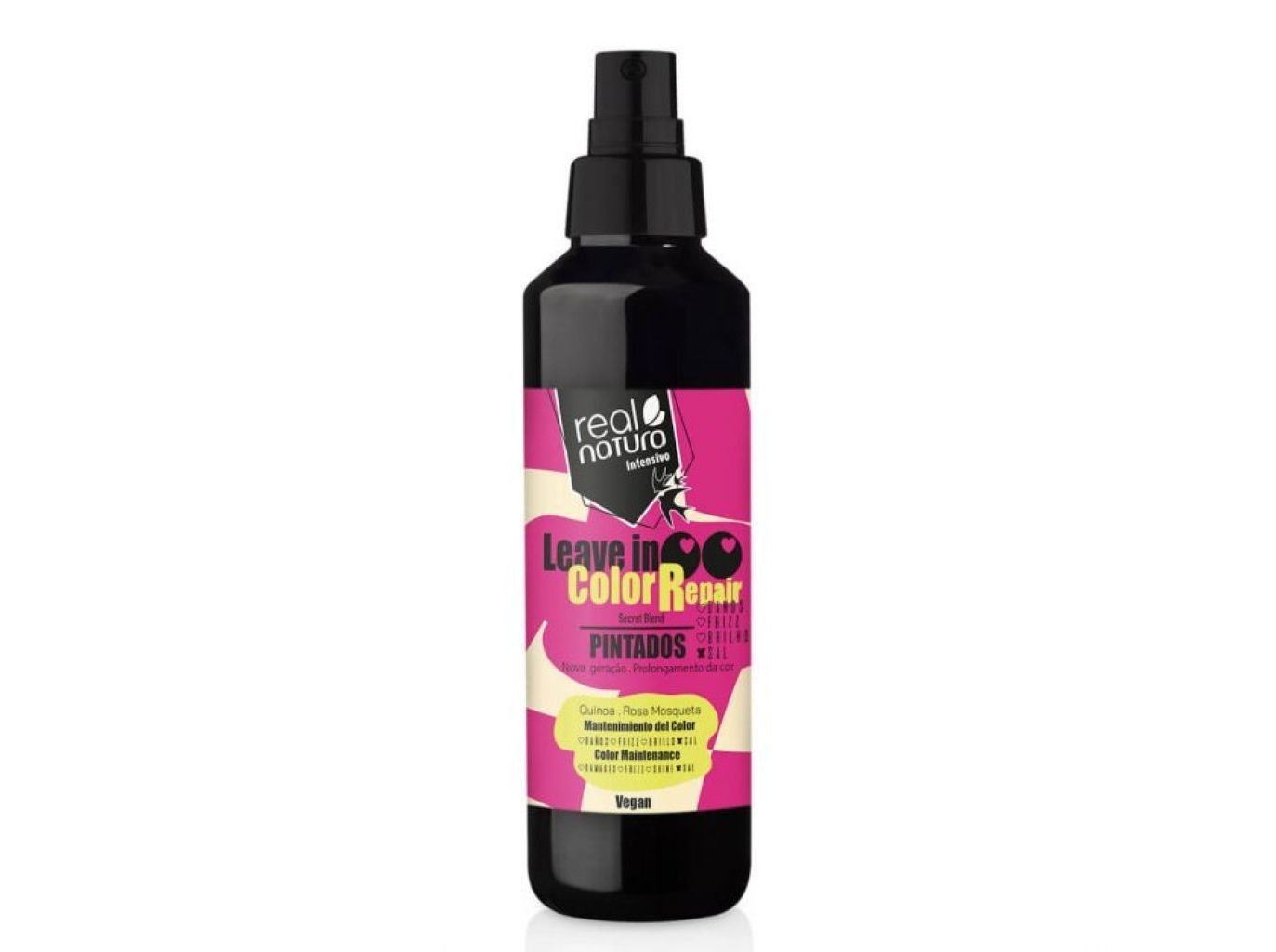 Black spray bottle with a pink and purple label, featuring "Leave-in Color Repair" text, 100ml capacity, and a pump nozzle, highlighting its vegan formula for colored hair.