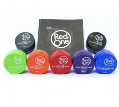 Red One Aqua Gel Wax in a 150 ml black container, featuring a sleek design with a bold logo, surrounded by various colored wax containers in green, red, purple, and blue.